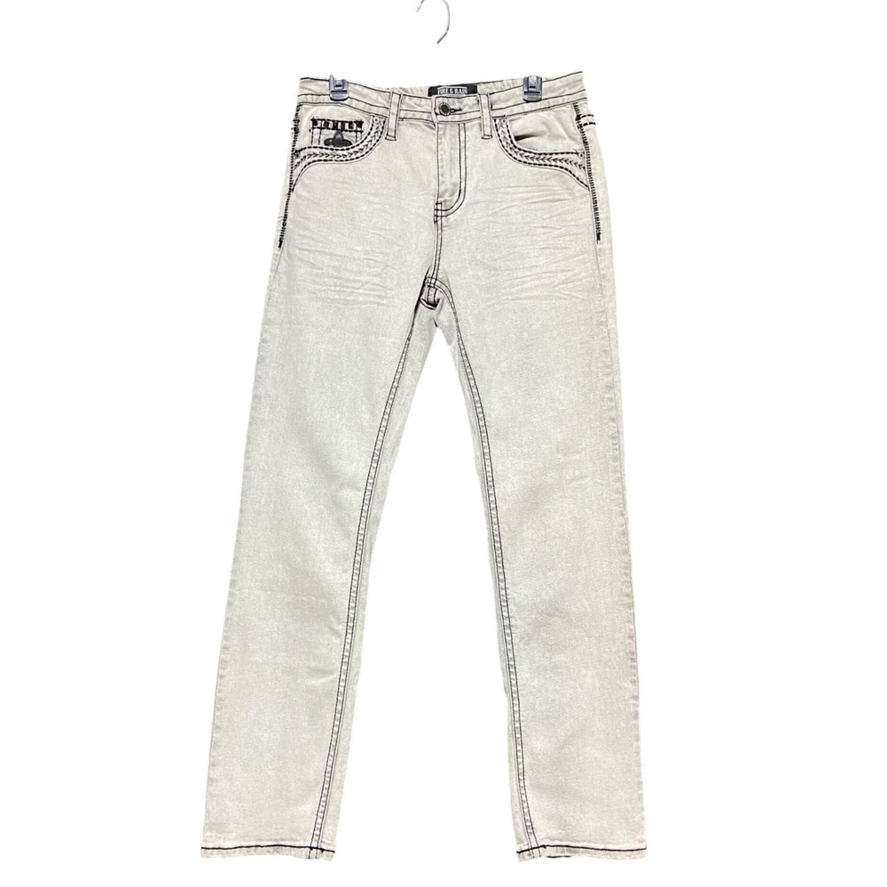 Fire & Rain Mens 32x32 Acid Wash Fleur-de-Lis Embroidered Jeans Y2K Grunge Biker